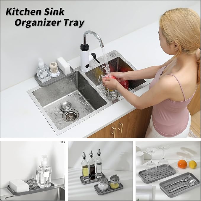 Silicone Kitchen Sink Organizer Tray for Multiple Usage,Eco-Friendly Sponges Holder for Kitchen Bathroom Counter or Sink,Dish Soap Dispenser,Scrubber,Bottle,Cup (Grey, 10"×5.3")