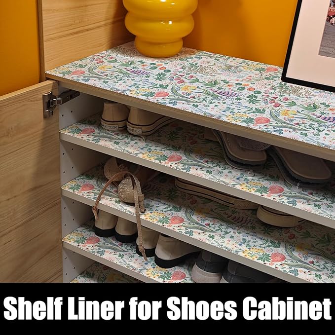Floral Shelf Drawer Liners, Non Adhesive and Strong Non-Slip Colorful Cabinet Drawer Shelf Liners for Kitchen Wire Fridge, Waterproof Cabinet Liner,Easy to Clean,12IN x 10FT