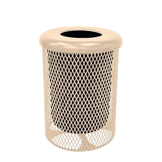 COATEDOUTDOORFURNITURE RFT-TAN Heavy Duty 32 Gallon Round Trash Receptacle, Liner Included, Tan with Flat Top Lid, Made in America
