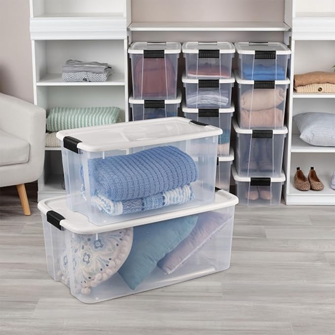 Sterilite 12-Pack Ultra Latching Box, Storage Bins with Lids, Clear Plastic, 70 Quart - Heavy-Duty Organizing Containers for Closet, Bathroom, and Office