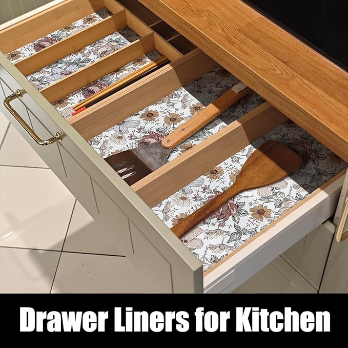 Floral Drawer Shelf Liners, 12IN x 20FT Non Adhesive and Strong Non-Slip Cabinet Drawer Shelf Liners for Kitchen Wire Fridge, Waterproof Shelf Liner,Easy to Clean