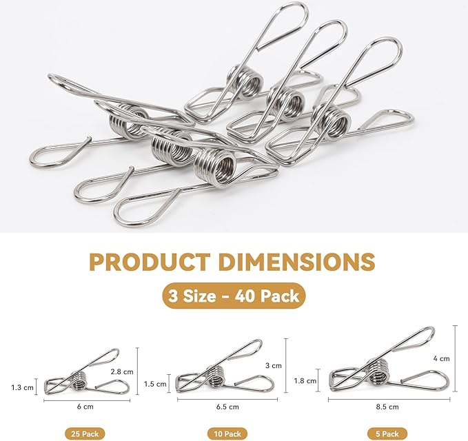 40 Pack Clothes Pins Heavy Duty, Metal Clothespins Assorted Size Include Extra Large, 304 Stainless Steel Clothes Pins with Waterproof Bag, 2.4/2.6/3.4 Inch Laundry Clips Outdoor