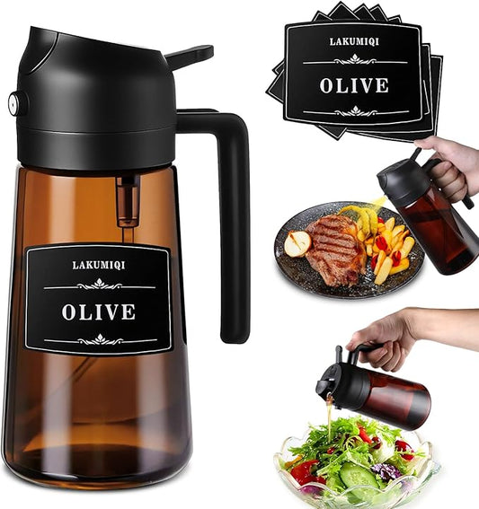 2-in-1 Glass Oil Dispenser & Sprayer - 16oz/470ml Leakproof Olive Oil Sprayer Bottle for Cooking, Air Fryer, BBQ, Baking, Salad (Black)