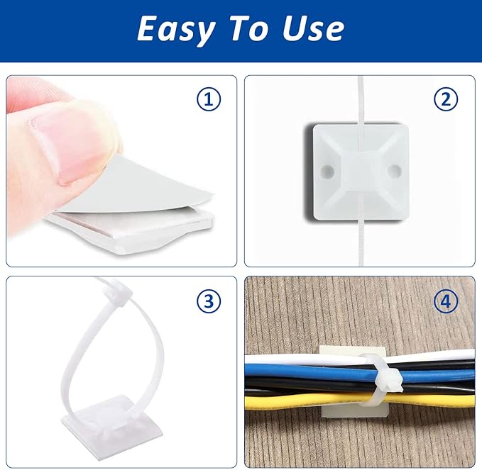 Strong Back-Glue Self Adhesive Cable Zip Tie Mounts Kit - 50 Set Cable Management Clips with 6" Zip Ties, Wire Holders - Outdoor Sticky Wire Organizer Clips-White