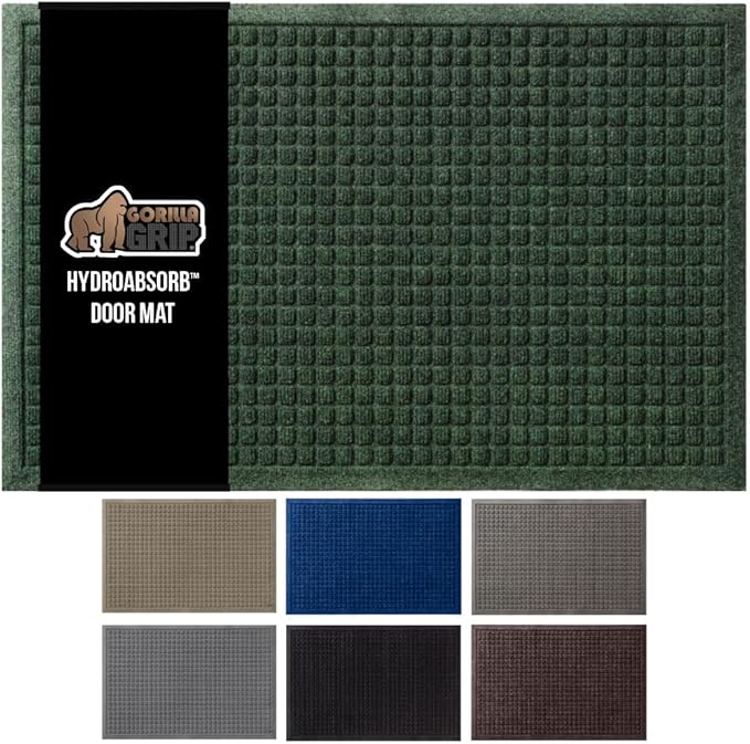 GORILLA GRIP Front Door Mat, 47x35, Indoor Outdoor Ultra Absorbent HydroAbsorb Doormat, Absorbs Up to 6 Cups of Water, Stain and Fade Resistant, Rubber Backing Doormats, Captures Dirt, Green