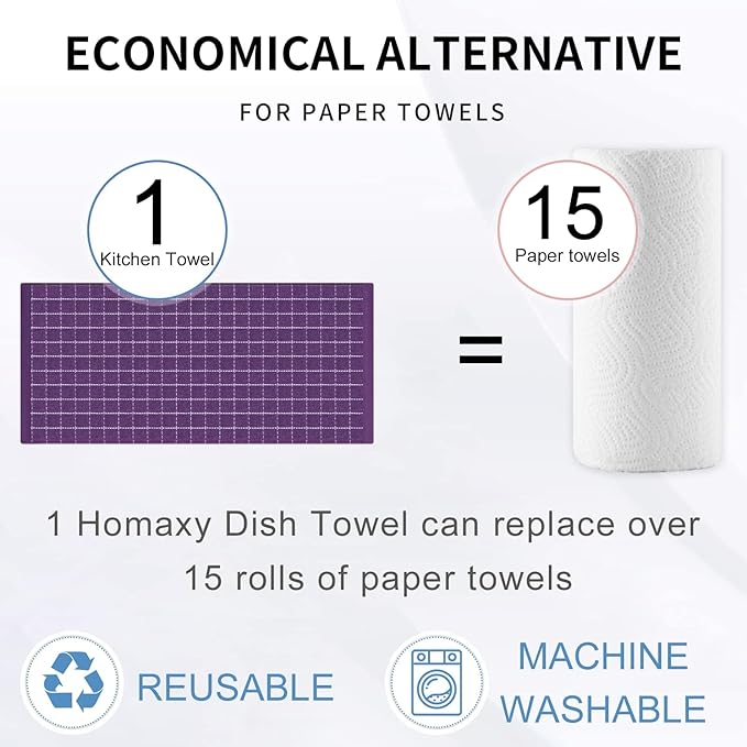 Homaxy 100% Cotton Terry Kitchen Towels(Purple, 13 x 28 inches), Checkered Designed, Soft and Super Absorbent Dish Towels, 8 Pack