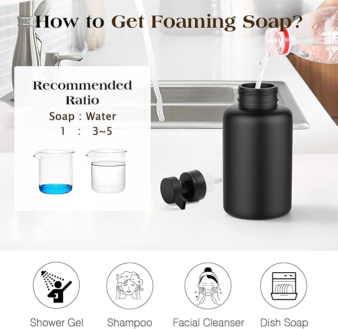 Luxspire Foaming Soap Dispenser, Glass Foam Pump Soap Dispenser, Non-Slip Hand Soap Container with 5 Waterproof Labels, 15 Oz Refillable Liquid Soap Holder for Bathroom & Kitchen, Black, 2 Pack