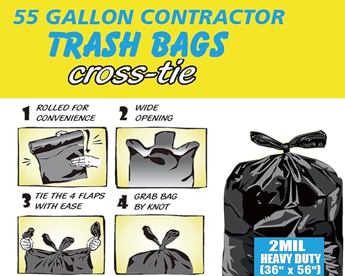 Contractor Heavy Duty Trash Bags 55 Gallon | 26 Count | 2 MIL | 36" X 56" | Large Black Flap Tie Construction Garbage Bags for Business Home Commercial, Industrial, Storage, Outdoor