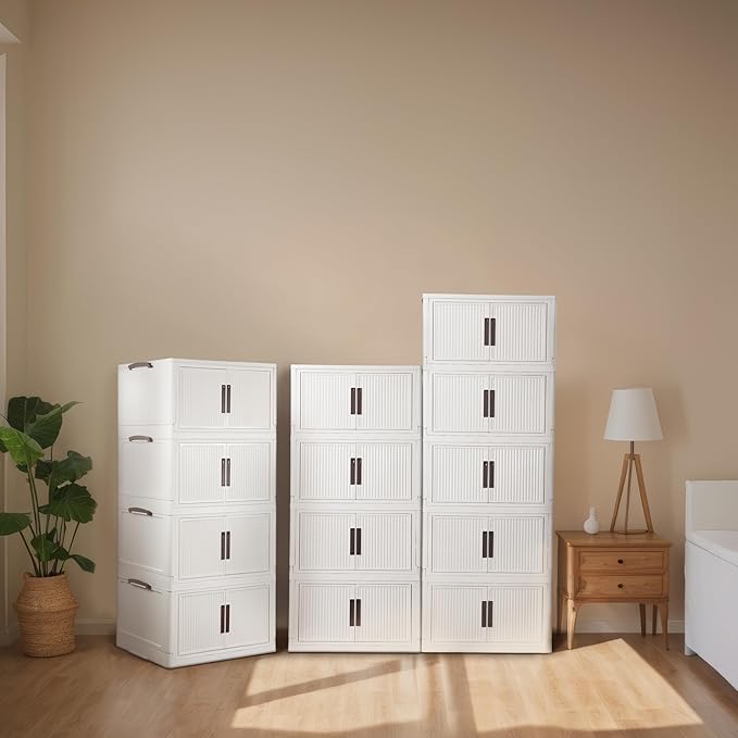 520QT/130GAL Stackable Storage Bins with 1 lid Storage Closet Organizers and Drawer Foldable Storage Bins Container with door Collapsible Storage Box for Home Office Dorm Room(104Qt X 5),White