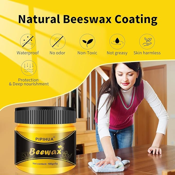 PIPIHUA Beeswax Polish and Conditioner for Wood Furniture - Waterproof & Restorer Wood Wax, Multipurpose Beeswax Furniture Polish and Cleaner for All Types and Colours(2×100g with 4 Sponges)