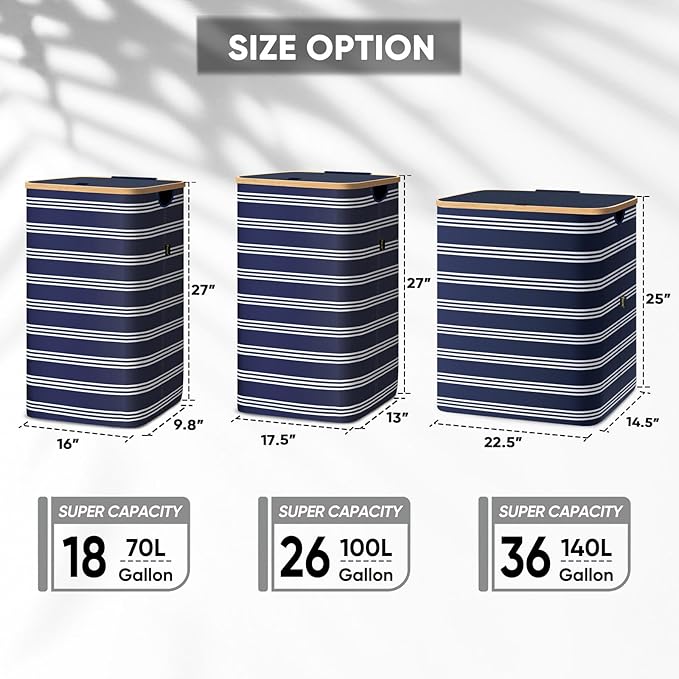 BALEINE Laundry Hamper with Lid, Tall Laundry Baskets with Bamboo Pull Handles, Large Laundry Bin with Internal Support (26 Gal/100L, Blue Pinstripe)