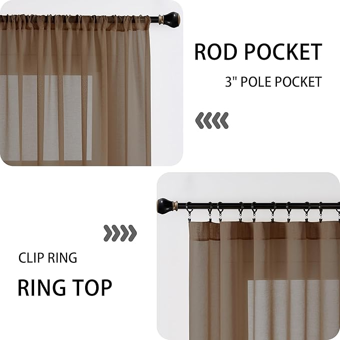 Tollpiz Small Sheer Door Curtain Closet Linen Textured Curtain Sheers Doorway Light Filtering Voile French Door Rod Pocket Curtains Patio Glass Door, 25 x 40 inches Long, Brown, Set of 1 Panel