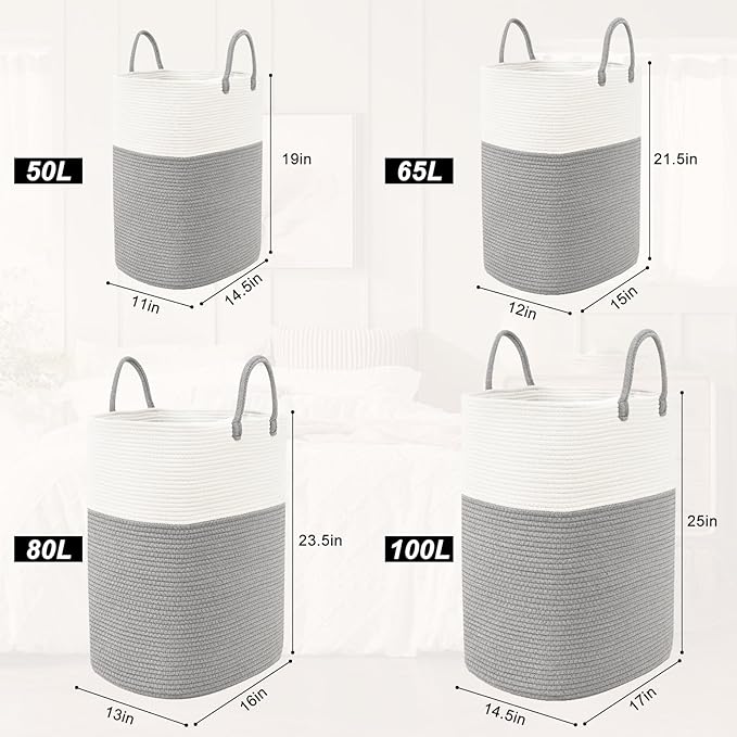 Woven Laundry Basket for Clothes, 80L Large Rectangle Laundry Hampers with Beads Tassel, Nursery Storage Basket for Toys, Tall Dirty Clothes Hamper for Bedroom Aesthetic, Laundry Room Organization