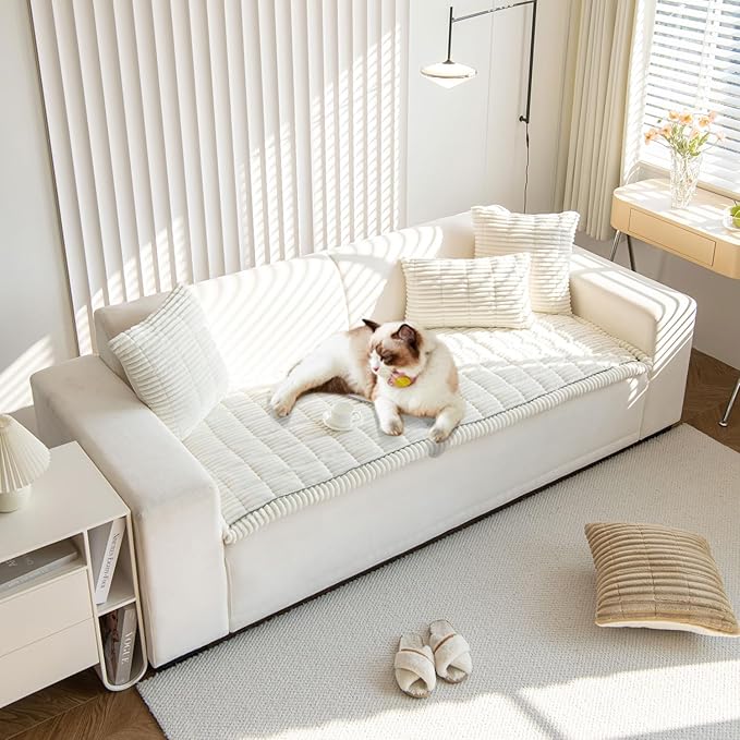 OTOB Couch Cover for Dogs Washable, Non Slip Plush Sofa Covers for 3 Cushion Couch, Fuzzy Pet Friendly Mat Bed Furniture Protector Sofa Slipcover, All Seasons (Cream, 27.6" x 70.9")
