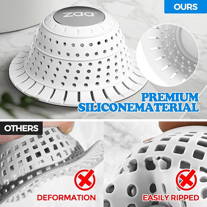 zaa Bathtub Drain Hair Catcher, Silicone Collapsible 1 Pack Drain Protector for Pop-Up and Regular Drains of Shower, Tub, Bathroom, Sink, Snow-White