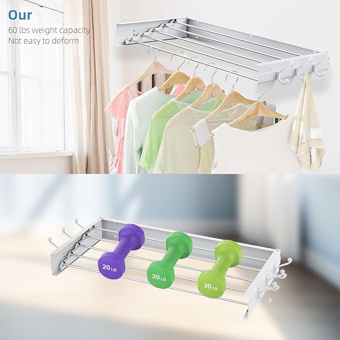 Laundry Drying Rack, Collapsible Wall Mounted Clothes Drying Rack - Foldable,Space Saving, 13.2 Linear Ft, 5 Aluminum Rods, 60 lb Capacity (White, 31.5" Wide)