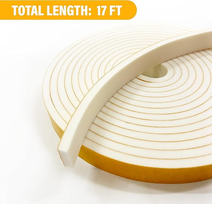 Weather Stripping Foam Tape, 17 Ft Door Seal Strip, EVA Material, High Density 1/4" Thick, No Residue Adhesive, Weatherproof Door Seal Strip for Sliding Door, Windows, White (3/8" Wide)