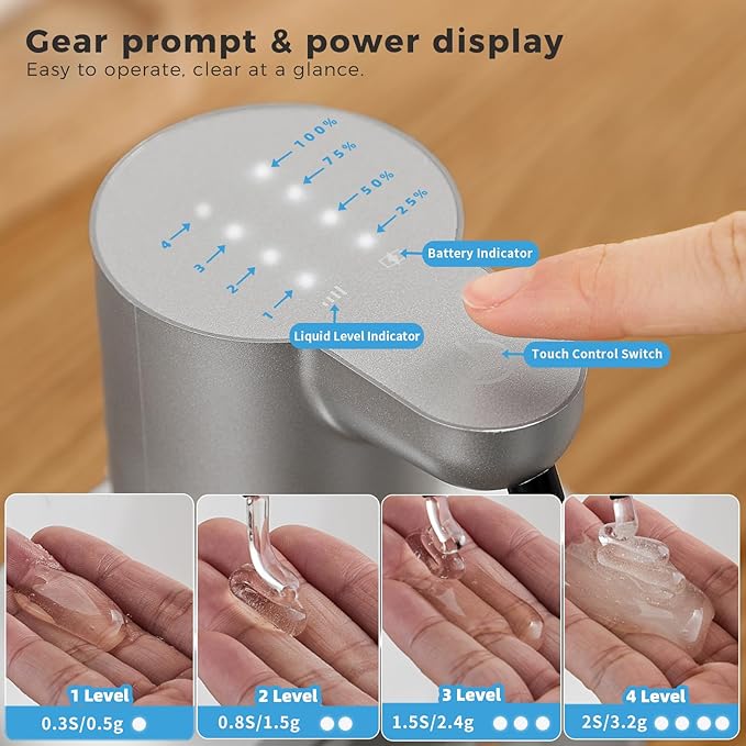 Automatic Liquid Soap Dispenser, 17oz/500ml Touchless Rechargeable with 4-Level Adjustable & IPX5 Waterproof - Level Display for Wall/Tabletop Use in Bathroom, Kitchen, Silver