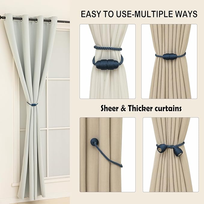 Magnetic Curtain Tiebacks Rope Tie Backs 6 Pack Curtains Holders for Drapes Decorative Window Holdbacks, Blue