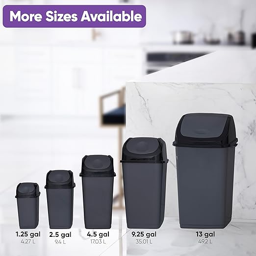 Superio Kitchen Trash Can with Swing Top Lid 9 Gallon Slim Waste Bin 37 Qt Sturdy Plastic Garbage Can Medium Recycling Bin for Office, Bathroom, Under Counter, Dorm, Bedroom (Dark Grey-2 Pack)