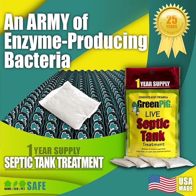 GREEN PIG Septic Tank Treatment Packets, Septic Safe Clog Remover, Prevents Expensive Septic Tank and Drain Field Failures, 4 Pods, 1-Year Supply
