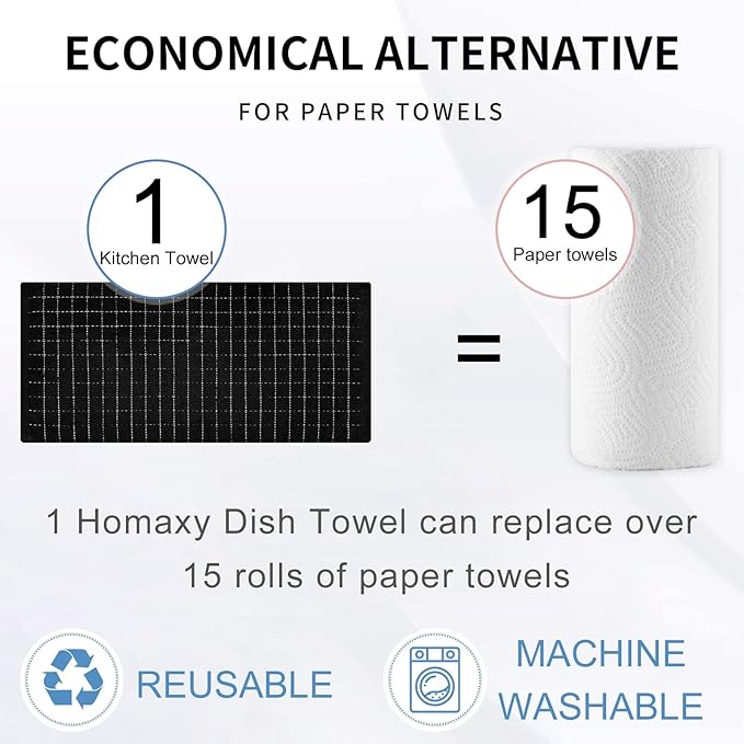 Homaxy 100% Cotton Terry Kitchen Towels(Black, 13 x 28 inches), Checkered Designed, Soft and Super Absorbent Dish Towels, 6 Pack