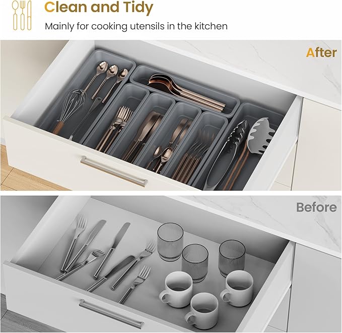 7 Pack Silicone Silverware Drawer Organizer, DIY Free Combination Kitchen Drawer Organizer, Utensil Organizer, Moisture-proof and Heat-resistant up to 200°C, Anti-slip and Environmentally (Grey)