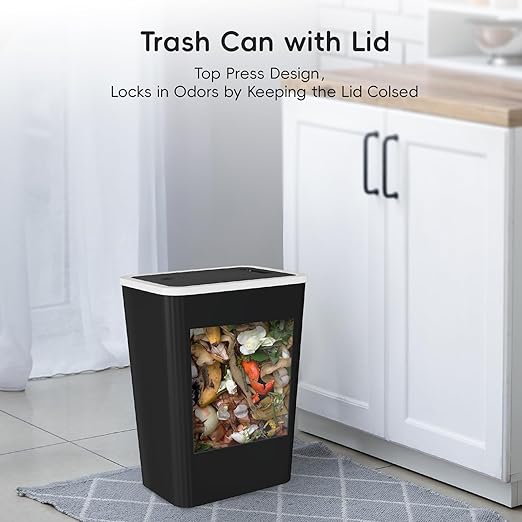 Small Trash Can, 3 Pack 4 Gallons Bathroom Garbage Can with Lid Press-Top, Small Waste Basket with Trash Bags, Slim Plastic Garbage Bin for Dorm, Office, Bedroom, Kitchen, Living Room （ Black ）