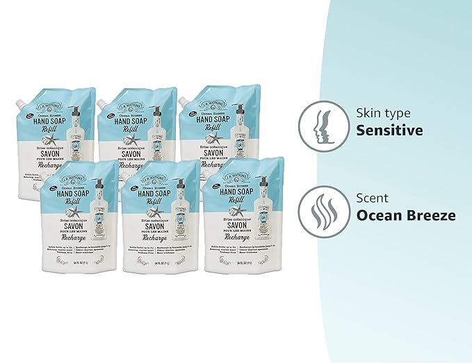 J.R. Watkins Gel Hand Soap Refill Pouch, Scented Liquid Hand Wash for Bathroom or Kitchen, USA Made and Cruelty Free, 34 fl oz, Ocean Breeze, 6 Pack