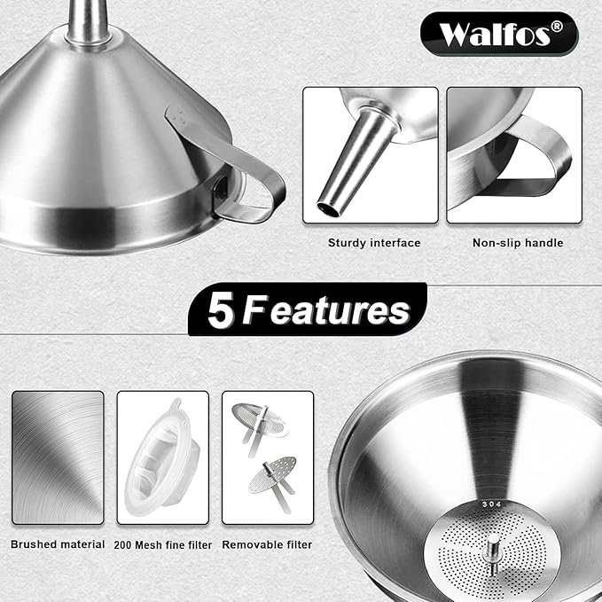 Stainless Steel Funnel, Walfos 6 Different Sizes of Kitchen funnels with 2 Removable Strainer ＆ 1Pcs Cleaning Brush, 200 Mesh Food Filter Strainer,for Transferring of Liquid, Oils, Jam, Powder