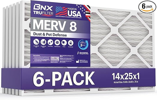 BNX TruFilter 14x25x1 Air Filter MERV 8 (6 Pack) - MADE IN USA – Dust & Pet Defense Electrostatic Pleated Air Conditioner HVAC AC Furnace Filters for Dust, Pet, Mold, Pollen MPR 600 – 700 & FPR 5