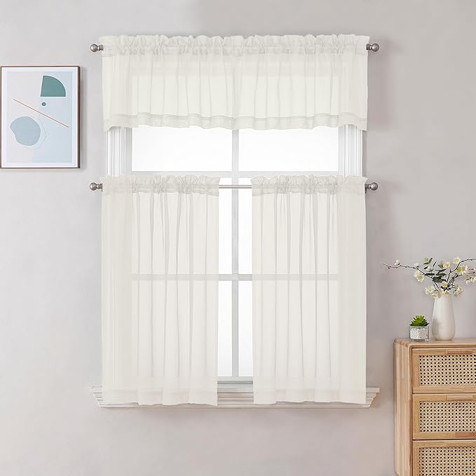 Chyhomenyc Sheer Ivory Valances for Windows 2 Pack, Small Window Curtains for Living Room Bathroom Cafe Laundry Basement, Modern Top Dual Rod Pocket Voile Curtain, 42W x 18L inches, Ivory