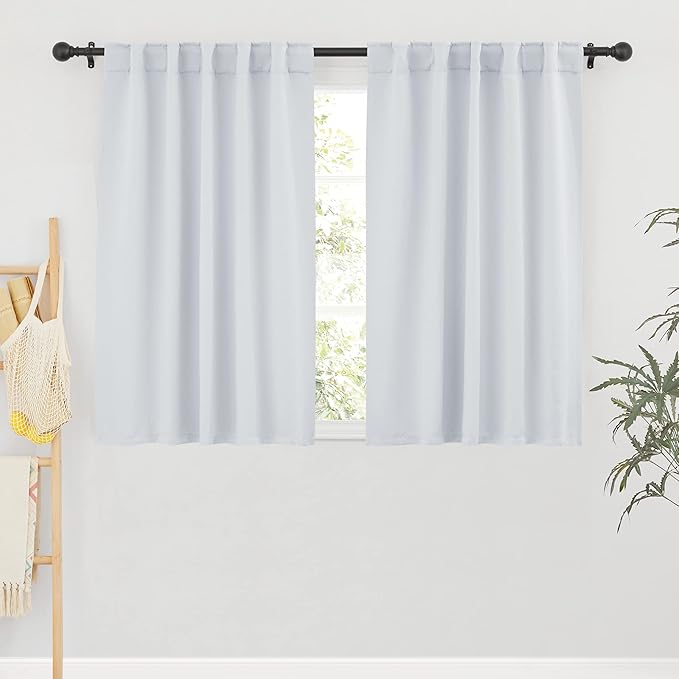 RYB HOME White Curtains for Bedroom - Room Darkening Curtains for Kitchen Cafe, Insulated Energy Saving Panels for Living Room, Back Tab Top, 42 x 45 inch, Grayish White, 1 Pair