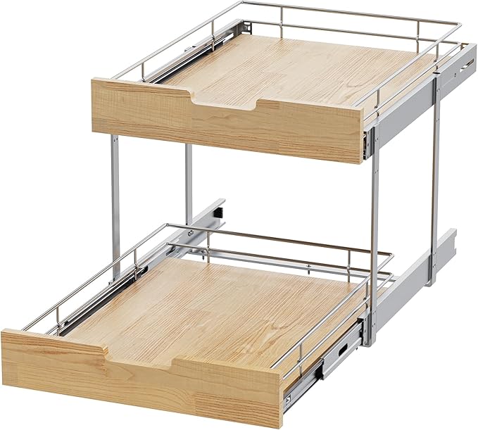 Pull Out Cabinet Organizer,Heavy-Duty Slide Out Shelf, Wood and Wire Basket, Pull Out Drawer for for Kitchen Under Sink Space, Pantry, Bathroom, 2 Tie 23 * 21 in