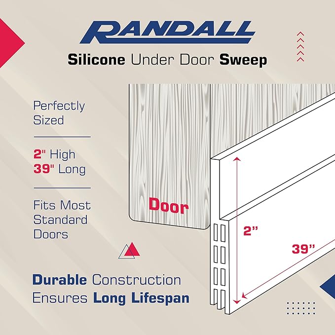 Adhesive Backed Door Draft Stopper – Silicone Under Door Sweep for Interior & Exterior Doors, Noise & Air Insulation, Self Stick Weather Stripping Door Seal, 2" W x 39" L (White) by Randall Mfg