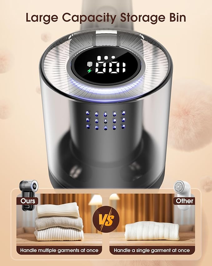 Fabric Shaver Electric Lint Remover Rechargeable Lint Shaver Digital Display Fabric Sweater Shaver 3 Speeds 6 Leaf Blades for Clothing to Remove Pilling for Clothes Furniture Sweater Couch Blanket