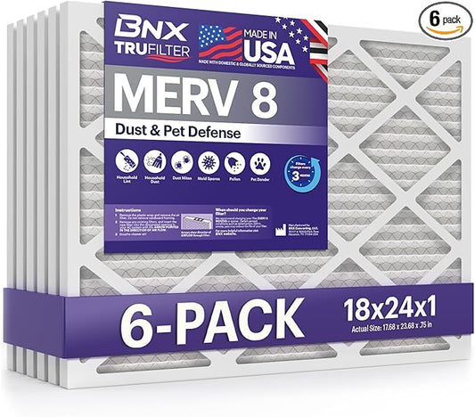 BNX TruFilter 18x24x1 Air Filter MERV 8 (6-Pack) - MADE IN USA – Dust & Pet Defense Electrostatic Pleated Air Conditioner HVAC AC Furnace Filters for Dust, Pet, Mold, Pollen MPR 600 – 700 & FPR 5