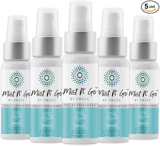 Mist N’ Go by Omaze Travel Bathroom Spray for Toilet Spray Odor Eliminator - Travel Toilet Spray for Bathroom Air Freshener Spray for Bathroom Deodorizer - Breeze Regular Size (2oz x5)
