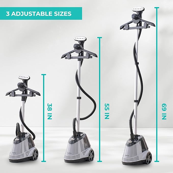 True & Tidy® Commercial Garment Steamer – Heavy Duty 1800W for Home & Commercial Use, 90+ Min Continuous Steam, Large 2.9L Tank, Wheels (X5A Gray Auto-Off, Smart Commercial Garment Steamer)
