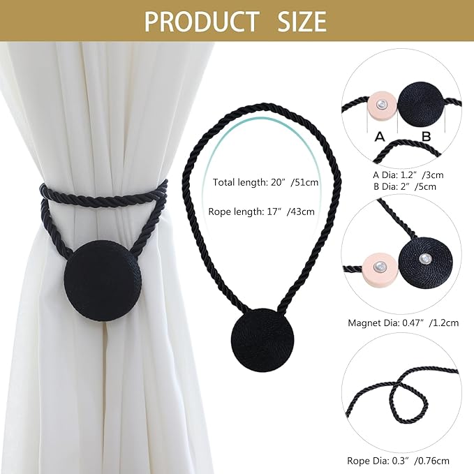 Magnetic Curtain Tiebacks - 12mm Magnetic Tie Backs for Curtains, Heavy Duty No Drill Curtain Holdbacks for Home/Office Windows Drapes, Elegant Gift-Ready Design 7 Colors (4, Black)