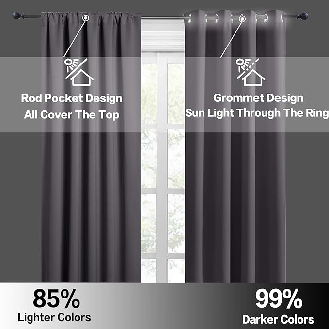 RYB HOME Living Room Blackout Curtains Gray (42 Width by 72 Length, Grey, 2 Pieces) Window Covering Rod Pocket Top Slot Curtain Panels Privacy Protect Light UV Block for Kids Room Nursery