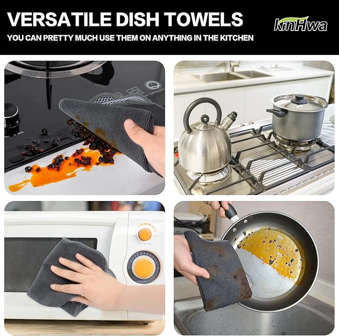 KinHwa Kitchen Washcloths for Dishes Absorbent Microfiber Dish Cloths Quick Dry Dish Rags with Poly Scour Scrub Side Ideal for Kitchen Cleaning and Housekeeping (Gray, 12inchx12inch 9 Pack)