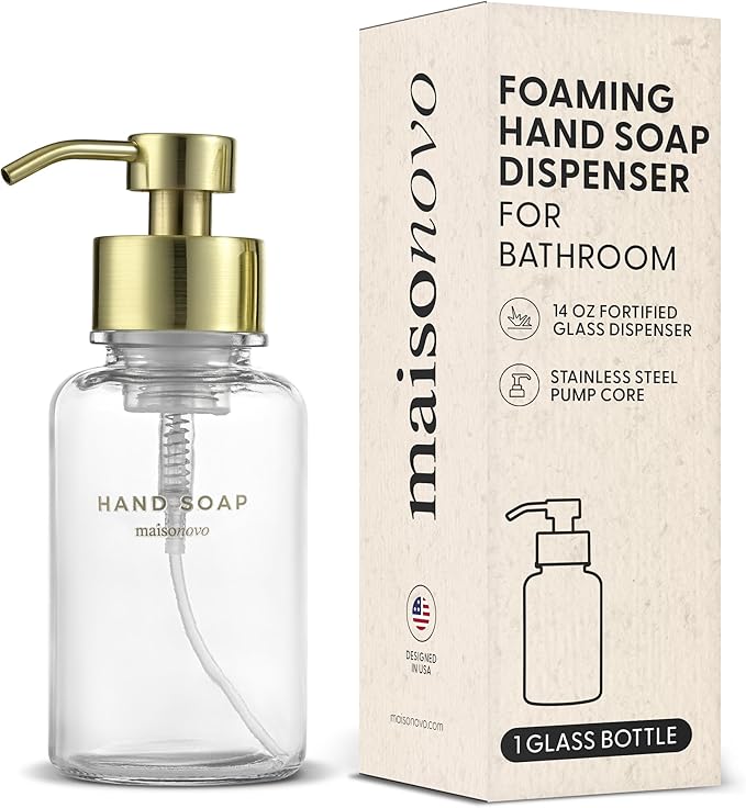 MaisoNovo Glass Foaming Hand Soap Dispenser 14 Oz | Gold Foaming Soap Dispenser Clear Bottle Gold Pump x 1 w/Labels