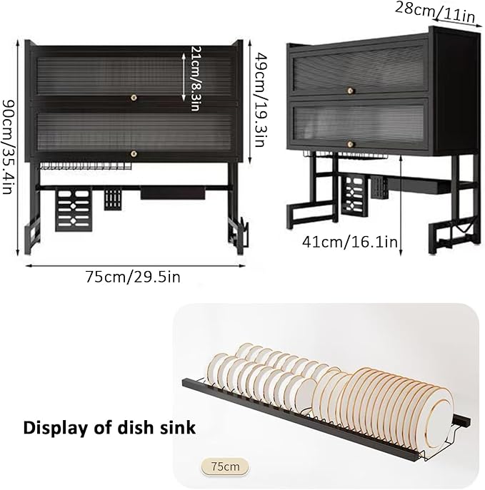 Dish Drying Rack 4 Tiers with Cover, Keep Kitchen Sink Shlef Organized Space-Saving, Large Drying Rack for Dishes, Glasses, Bowls, Cutlery white W-29.5in