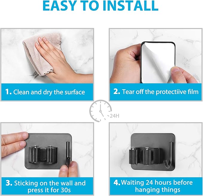 Mop Broom Holder No Drill, Mop Broom Organizer Wall Mounted Heavy Duty with Hooks Hanger, Self Adhesive Stainless Steel 6Pcs for Bathroom, Kitchen, Office (Black)