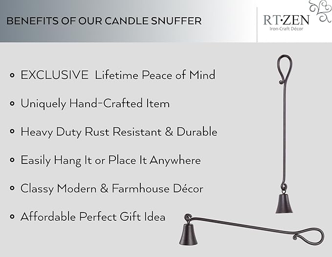 RTZEN Rustic Bell Candle Snuffer - Handcrafted Decorative Rustic Wrought Iron Candle Extinguisher Candlesnuffer with Long Handle - Unique Black Matte Farmhouse Decor Accessories Gift