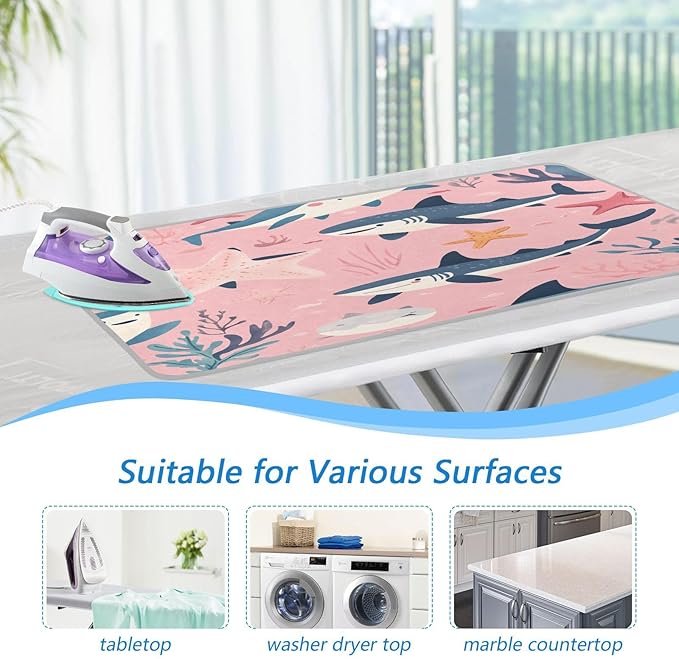 Pink Sharks Starfish and Seaweeds Ironing Mat Thickened Ironing Blanket Travel Portable Double-Side Using Ironing Pad Travel Isolate Heat Pad Cover for Washer Dryer Table Top Countertop 27.6x47