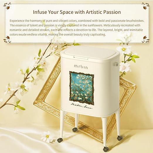 MRBIN Metal Kitchen Trash Can with Wheel Legs, 36L / 9.5gal Medium Press Lid Slim Removable Waste Basket, Pet Proof Tall Narrow Garbage Pail for Vanity, Bedroom, Bathroom, Living Room, Almond Blossom
