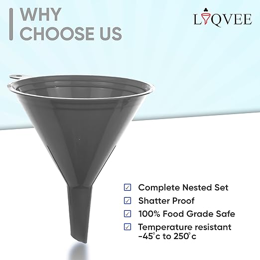 Funnel Gray in 4 Different Sizes (122, 101, 76 & 50mm) Durable & Non-Toxic Food Grade Plastic -Funnels for Filling Bottles or Containers – Ideal for Kitchen, Garage & Labs
