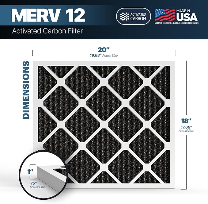 BNX TruFilter 18x20x1 MERV 12 Odor Defense (6-Pack) AC Furnace Air Filter with Activated Carbon - MADE IN USA - Pleated Air Conditioner HVAC AC Furnace Filters - Removes Odor, Mold, Bacteria, Smoke